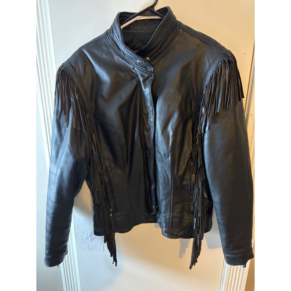Vintage Black Leather Fringe Biker Jacket Western Tassel Moto Coat Womens